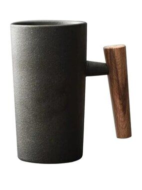 Stoneware Ceramic Mug 4 Pc Wooden Handle Black Ergonomic Vintage Coffee and Tea
